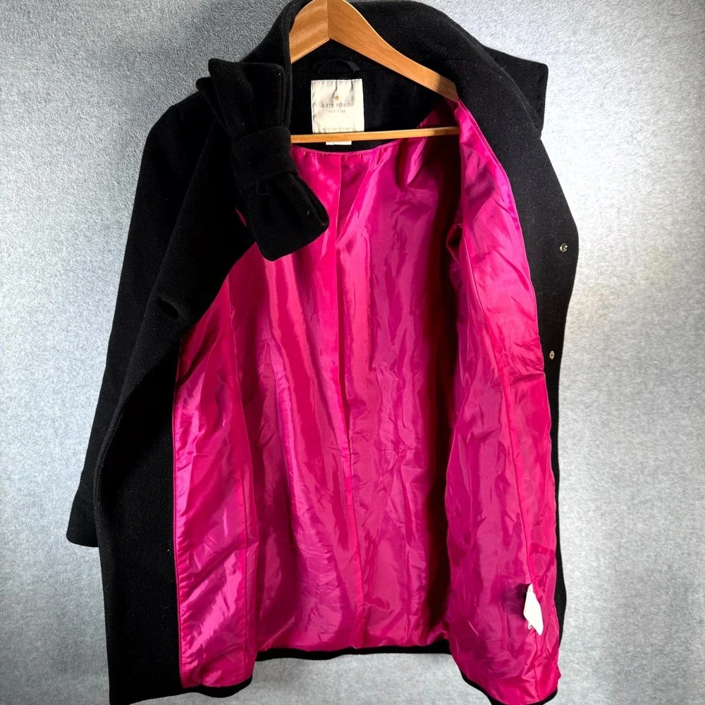 Kate Spade Women's Bow Neck Ribbon Coat Size 0 Black Wool Peacoat Front Button